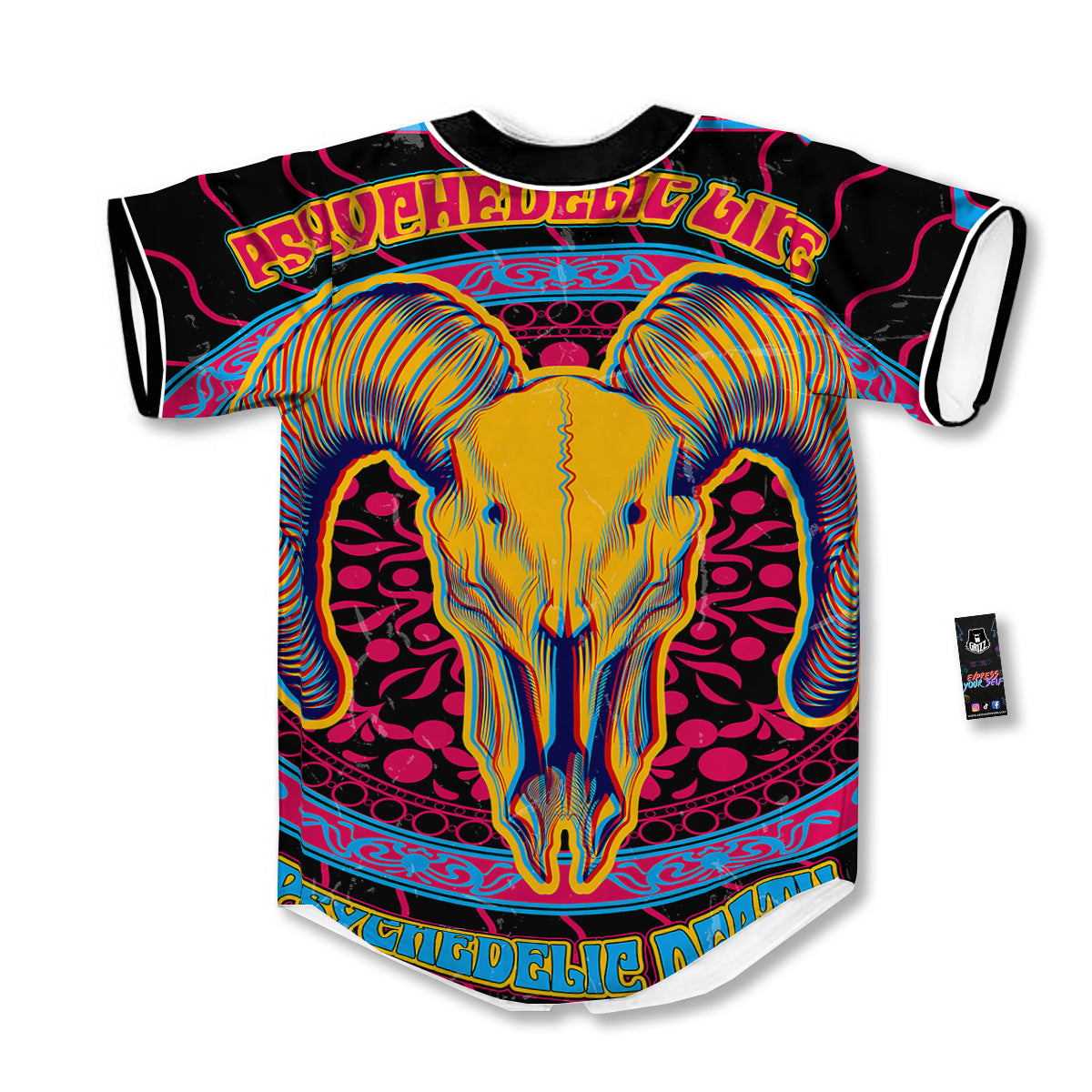 Psychedelic And Ram Skull Print Baseball Jersey-grizzshop