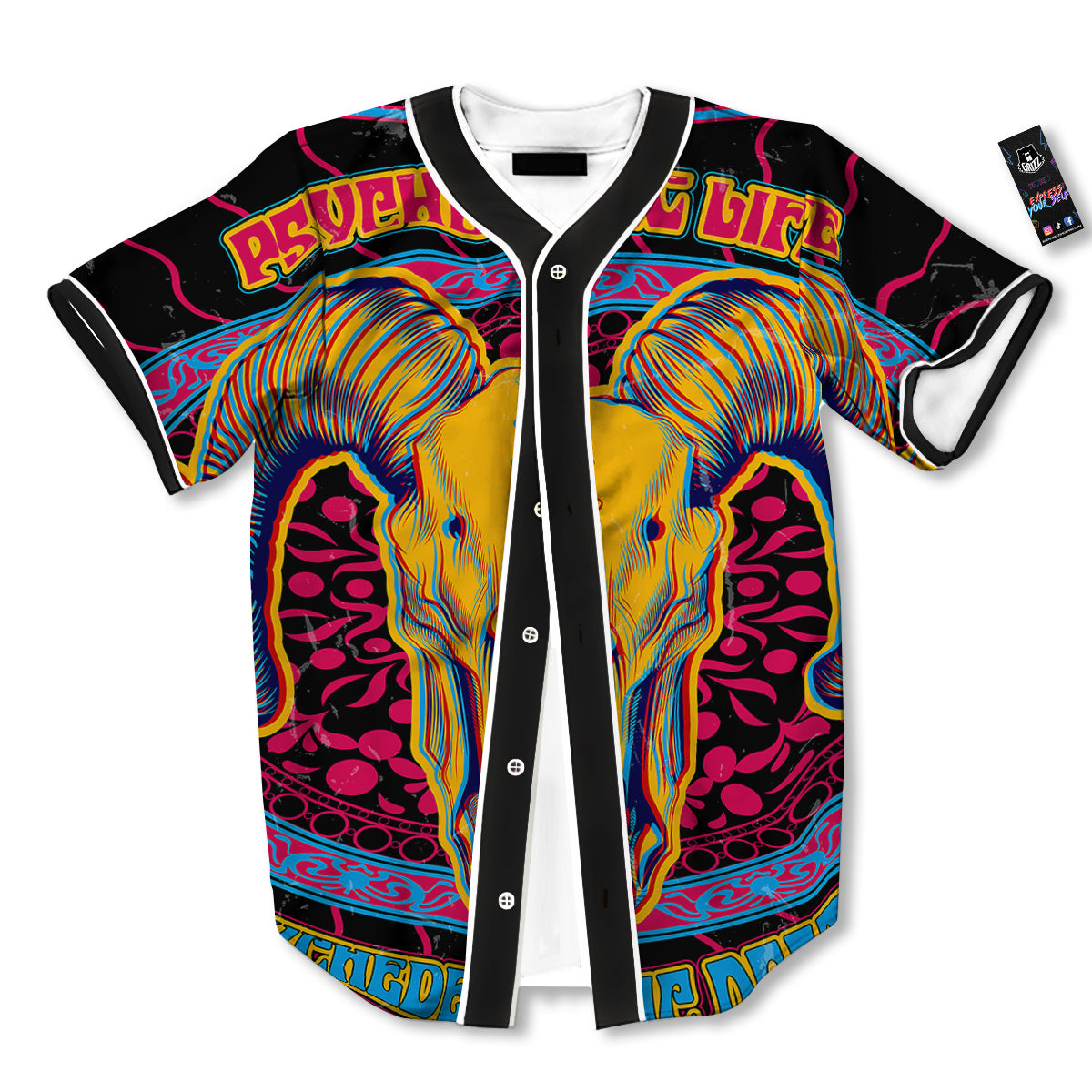 Psychedelic And Ram Skull Print Baseball Jersey-grizzshop