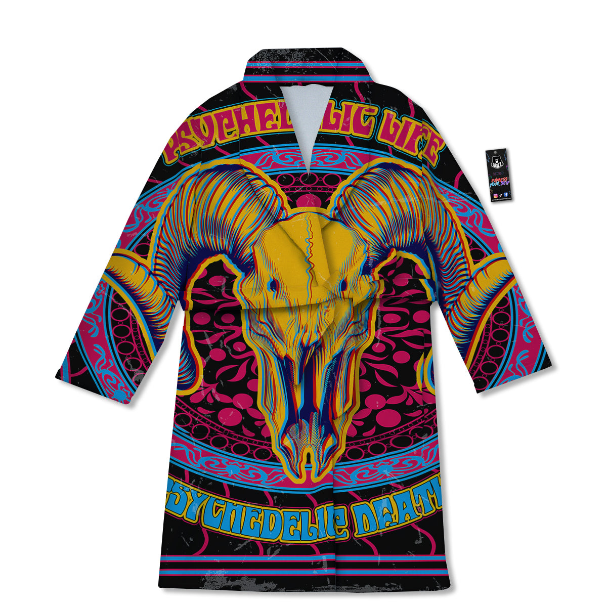 Psychedelic And Ram Skull Print Bathrobe-grizzshop