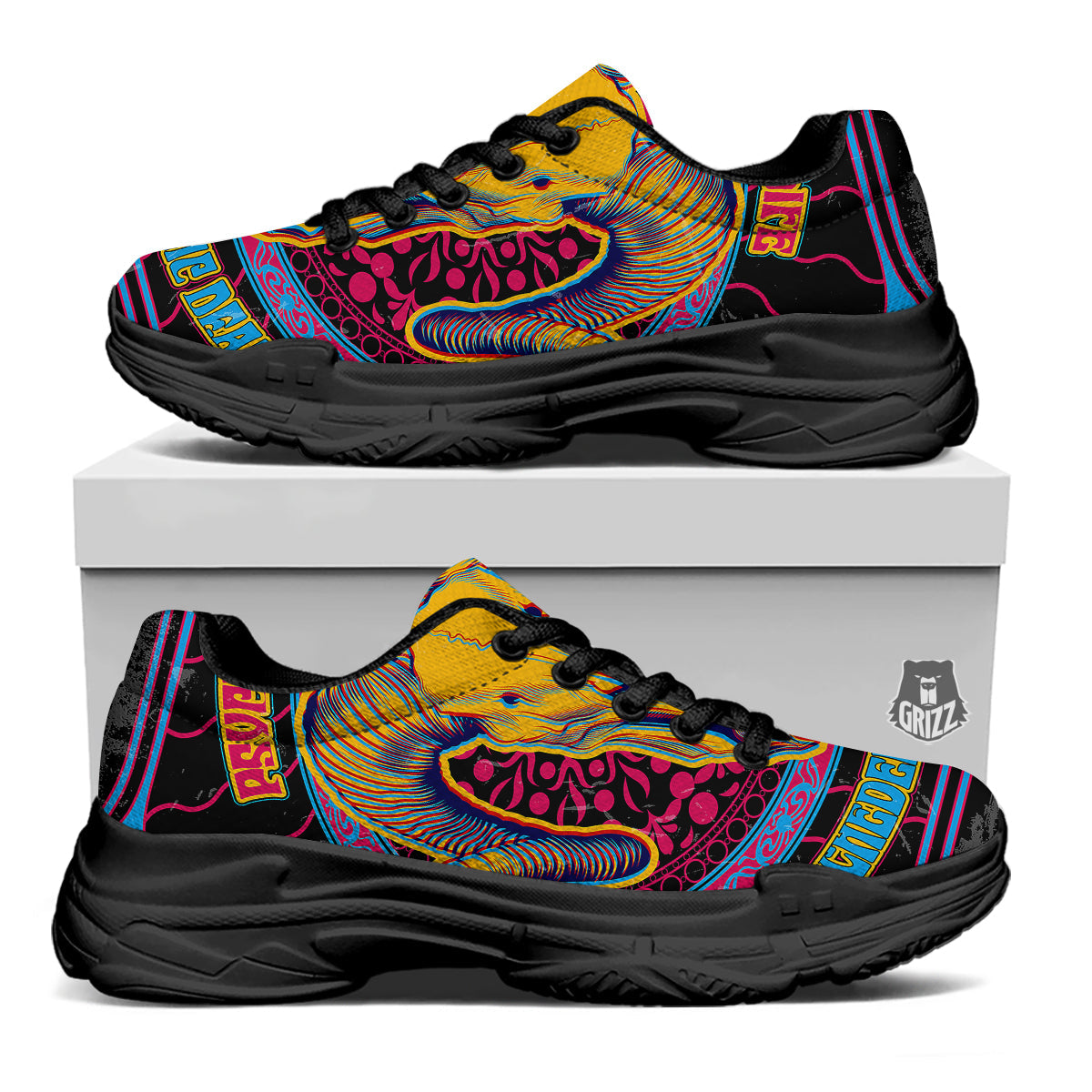Psychedelic And Ram Skull Print Black Chunky Shoes-grizzshop