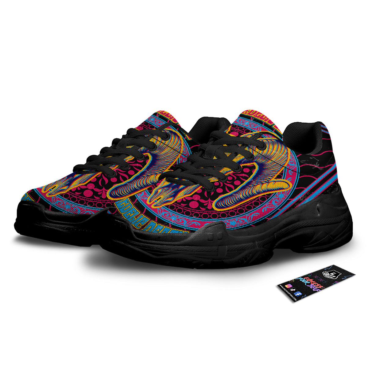 Psychedelic And Ram Skull Print Black Chunky Shoes-grizzshop
