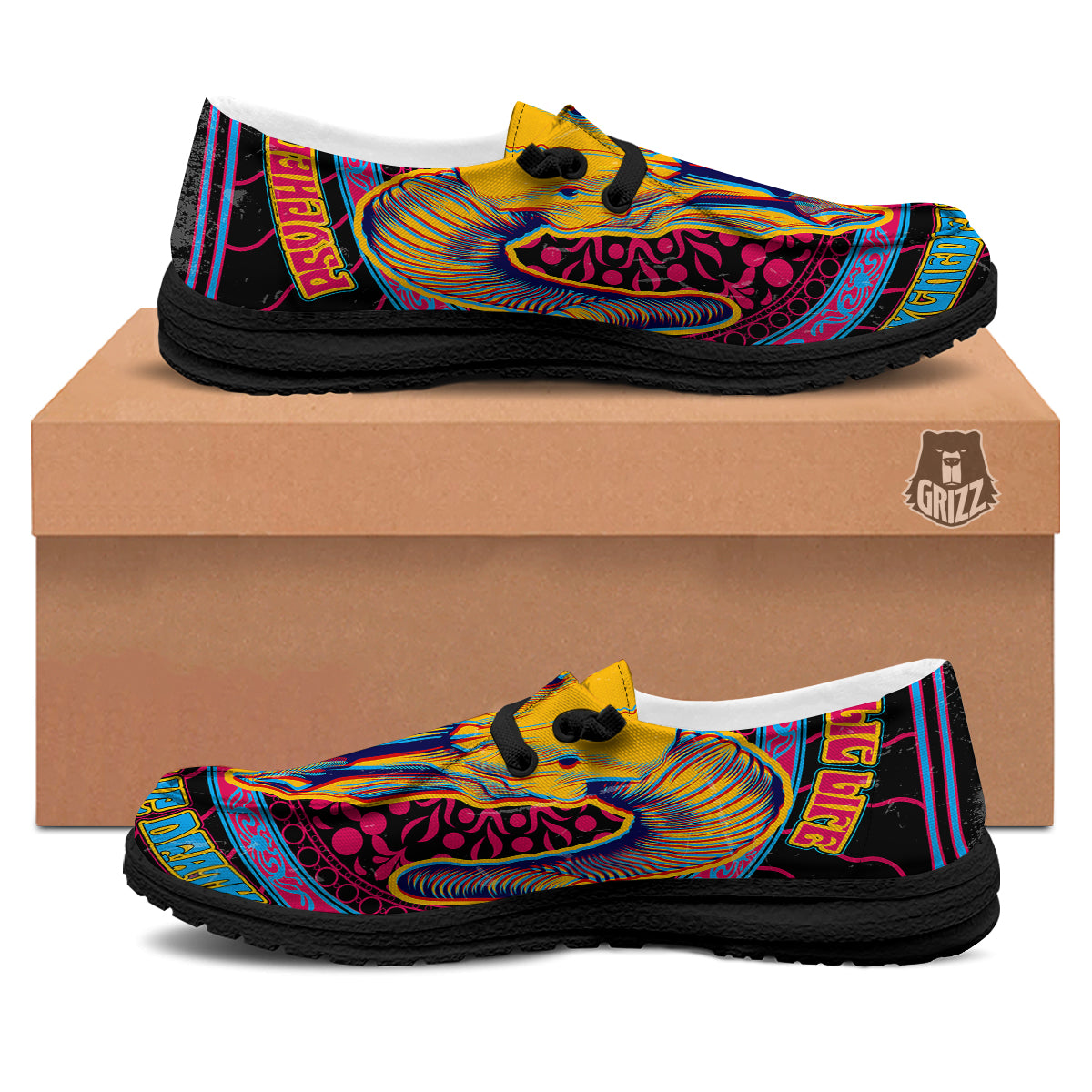 Psychedelic And Ram Skull Print Black Loafers-grizzshop