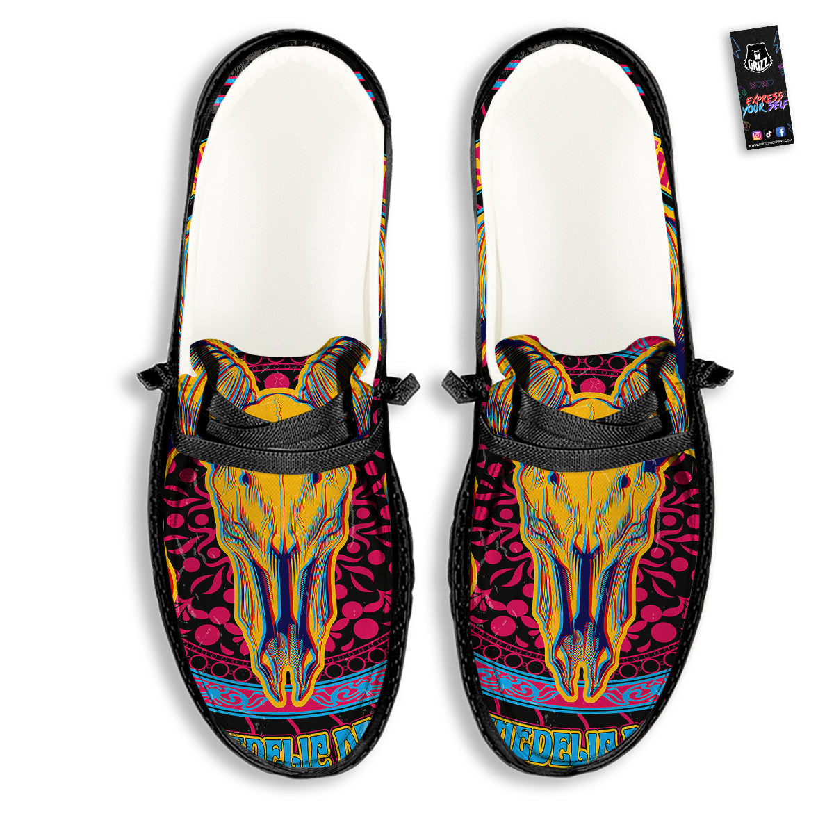 Psychedelic And Ram Skull Print Black Loafers-grizzshop