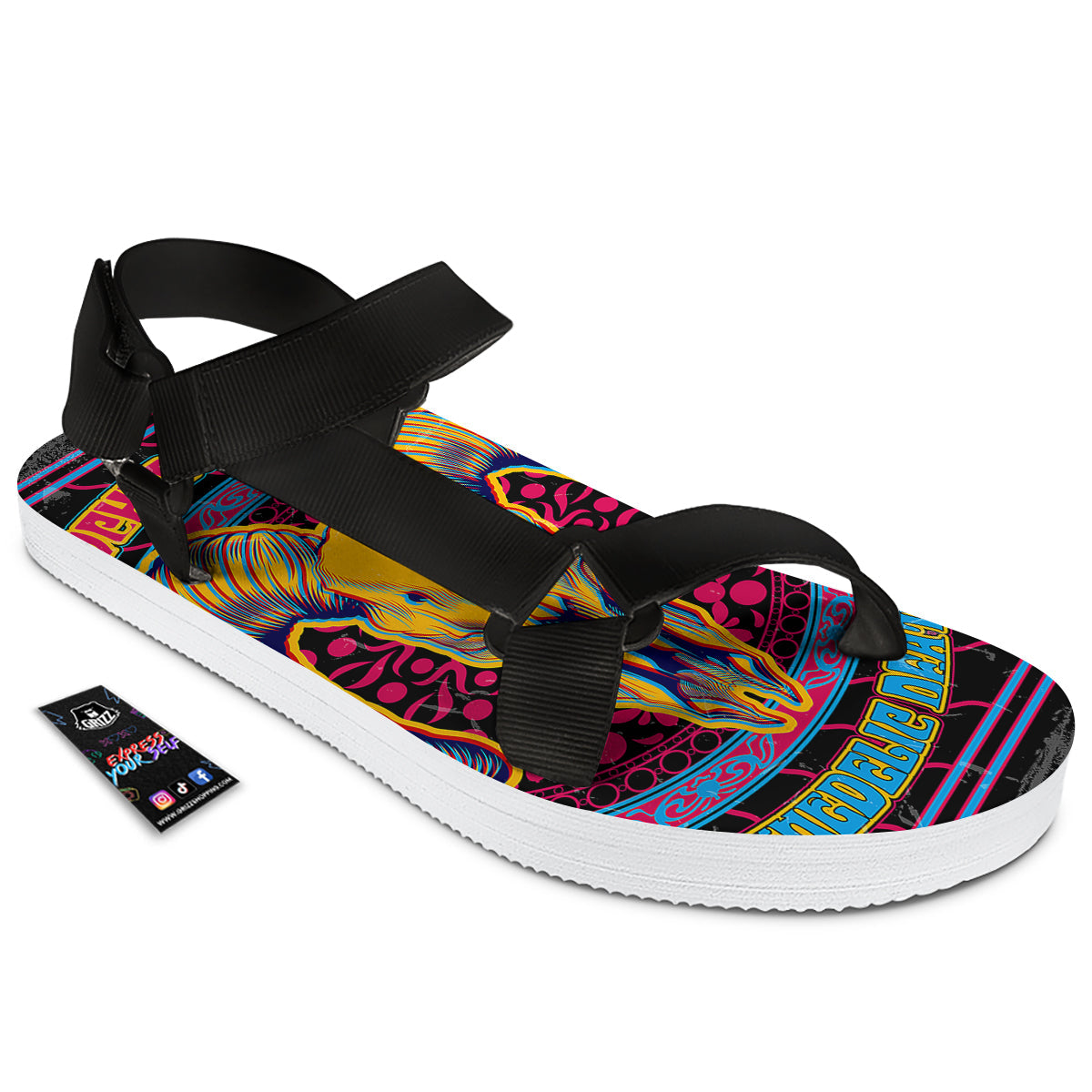 Psychedelic And Ram Skull Print Black Open Toe Sandals-grizzshop