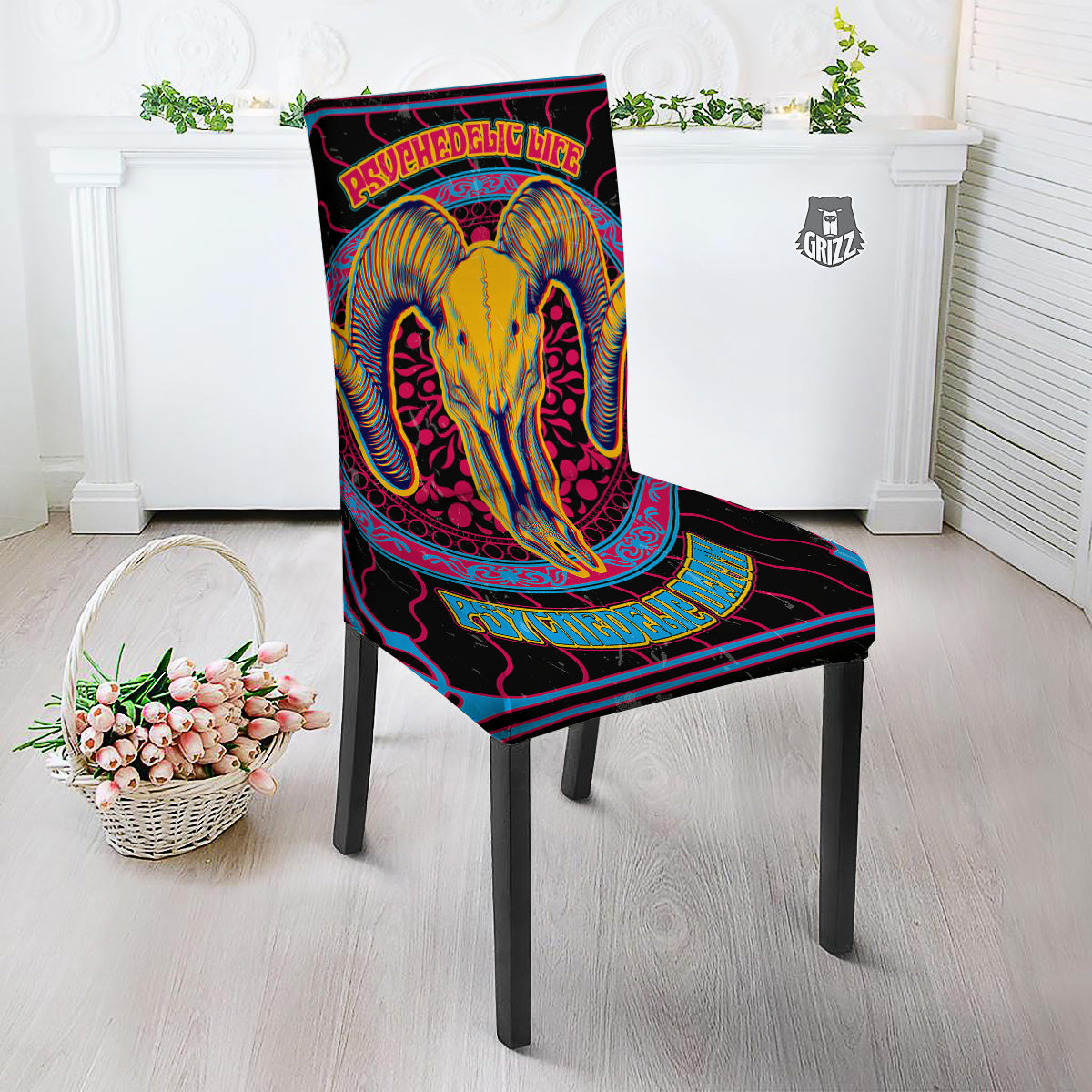 Psychedelic And Ram Skull Print Dining Chair Slipcover-grizzshop
