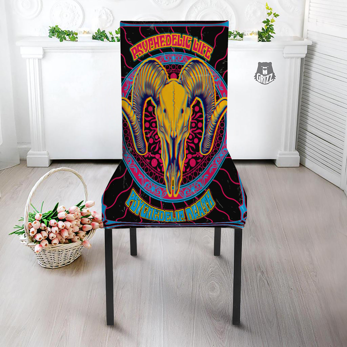 Psychedelic And Ram Skull Print Dining Chair Slipcover-grizzshop