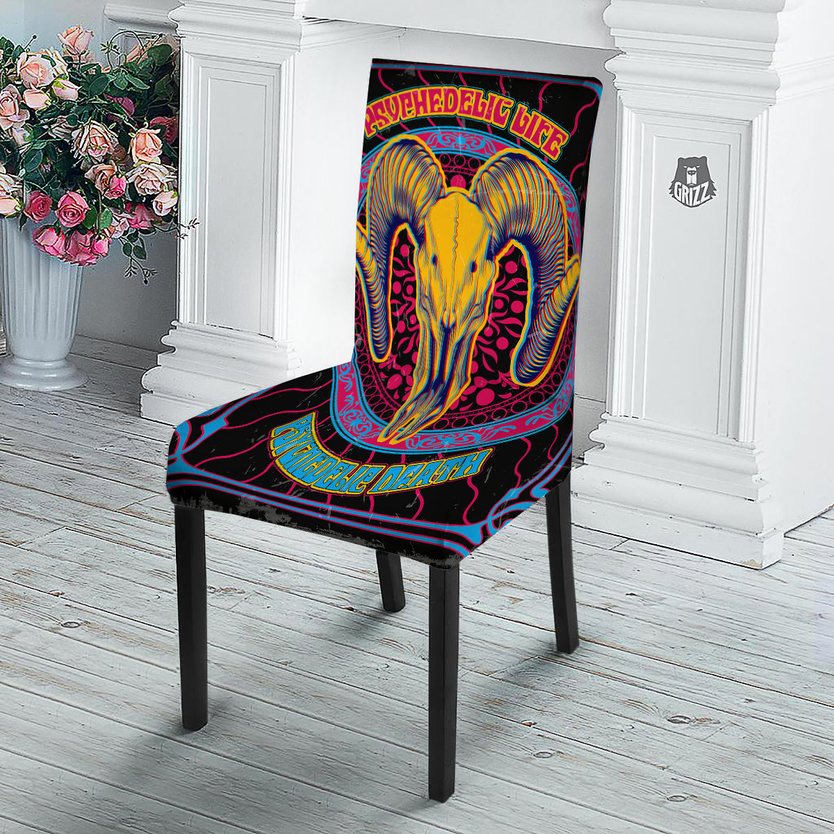 Psychedelic And Ram Skull Print Dining Chair Slipcover-grizzshop