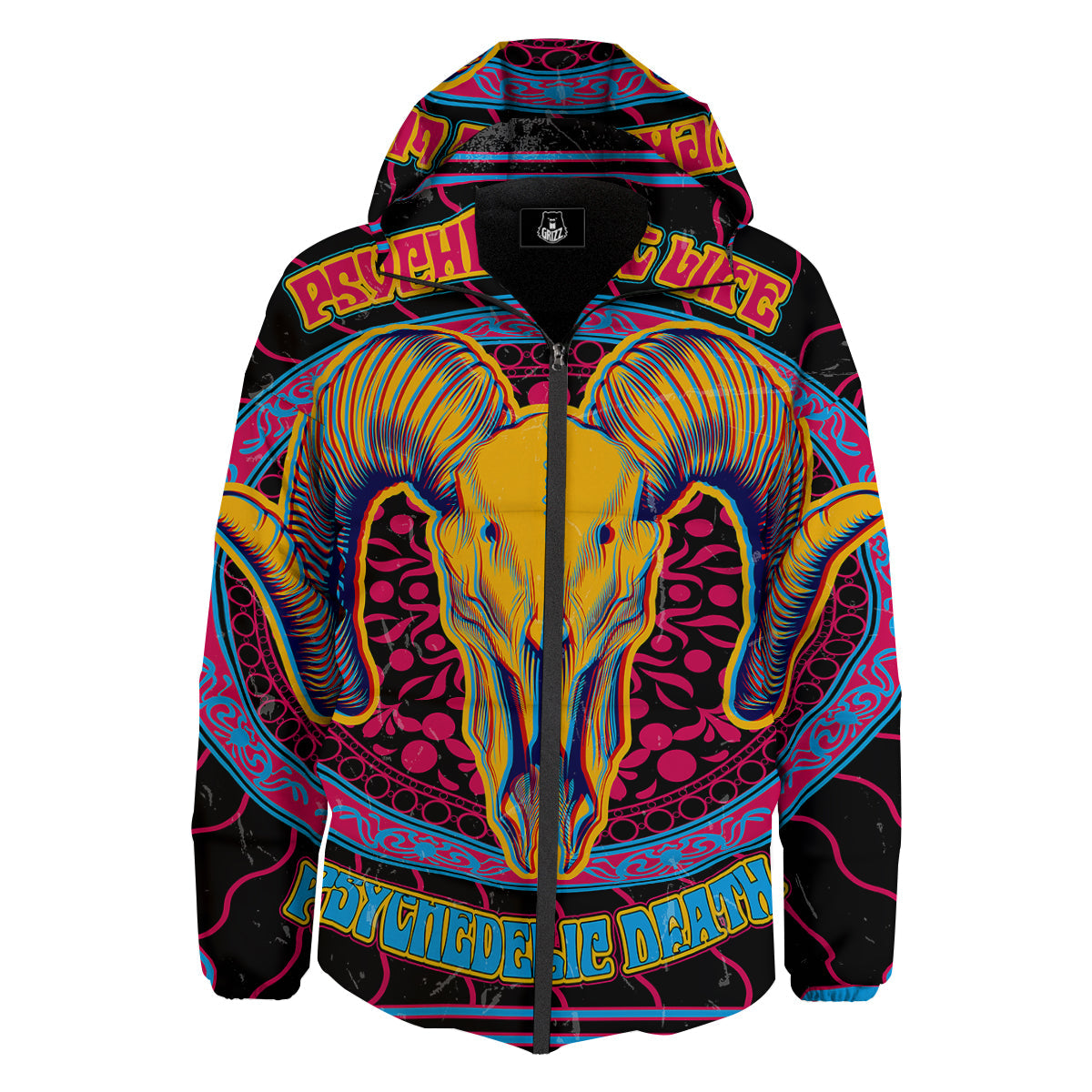 Psychedelic And Ram Skull Print Down Jacket-grizzshop