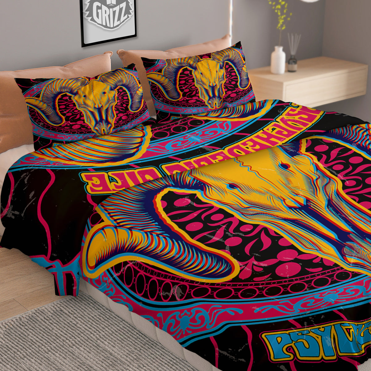 Psychedelic And Ram Skull Print Duvet Cover Bedding Set