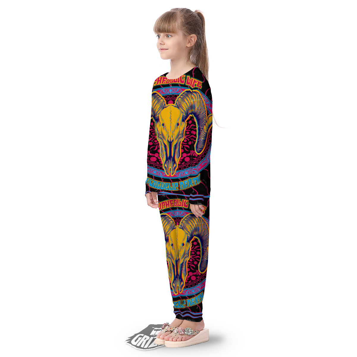 Psychedelic And Ram Skull Print Kid's Pajamas-grizzshop