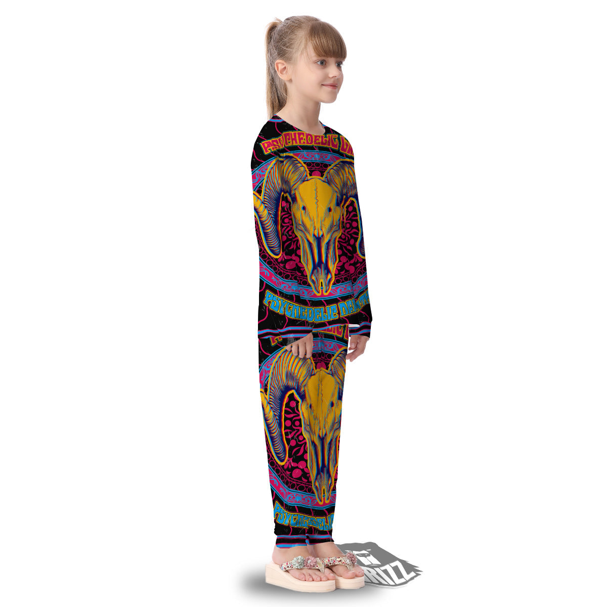 Psychedelic And Ram Skull Print Kid's Pajamas-grizzshop