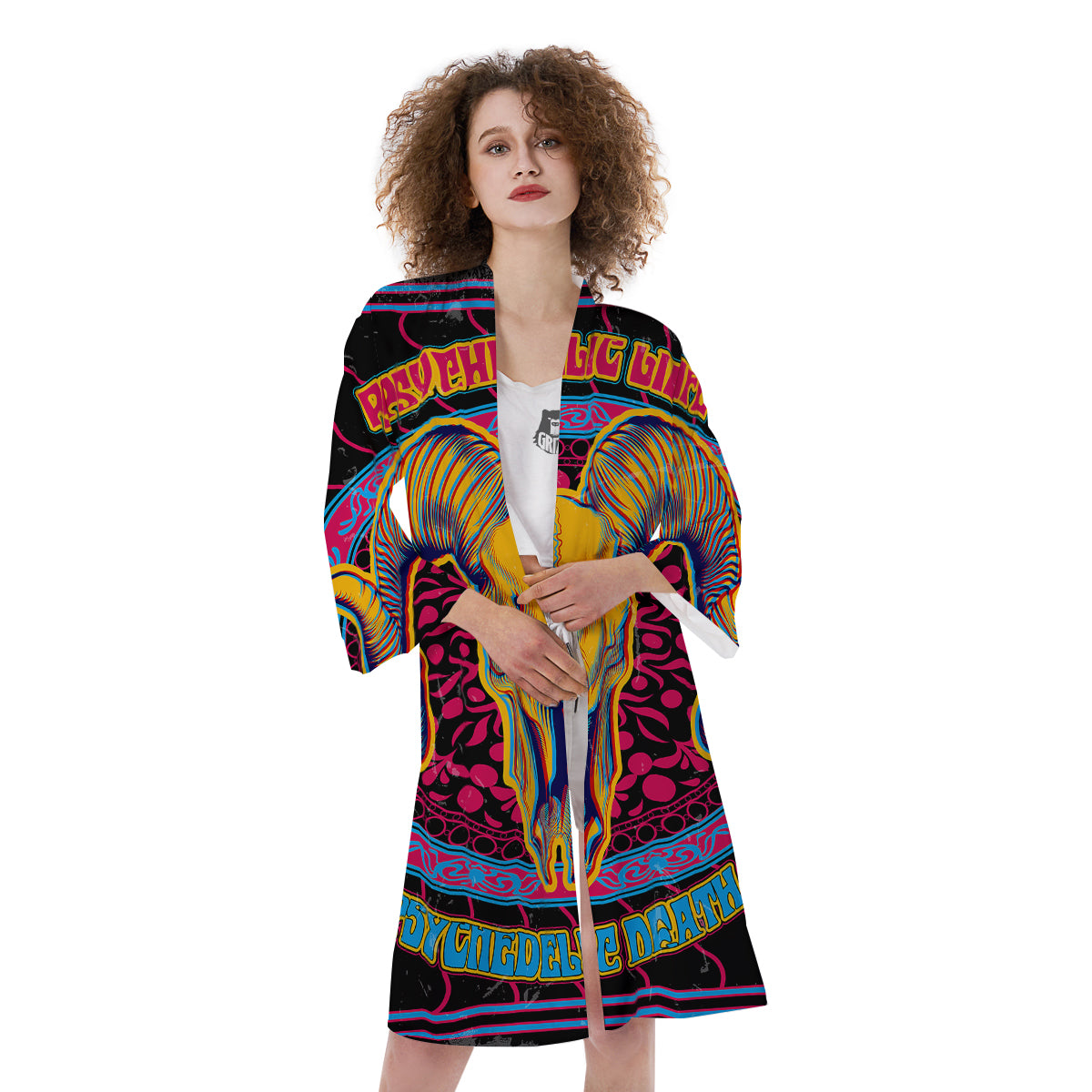 Psychedelic And Ram Skull Print Kimono-grizzshop