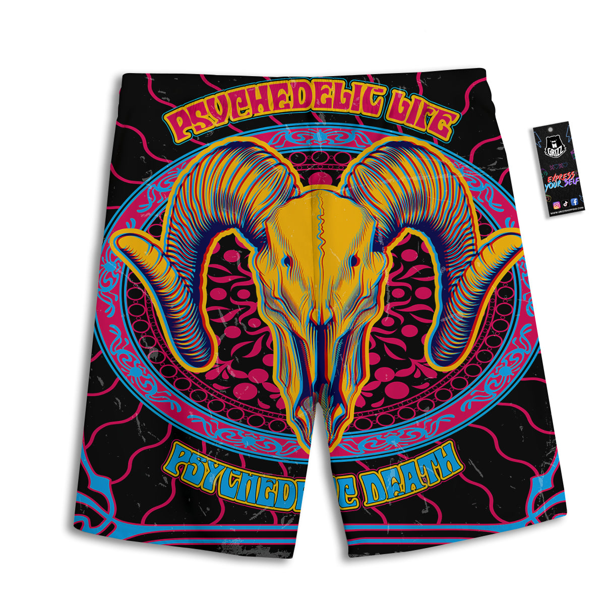 Psychedelic And Ram Skull Print Men's Athletic Shorts