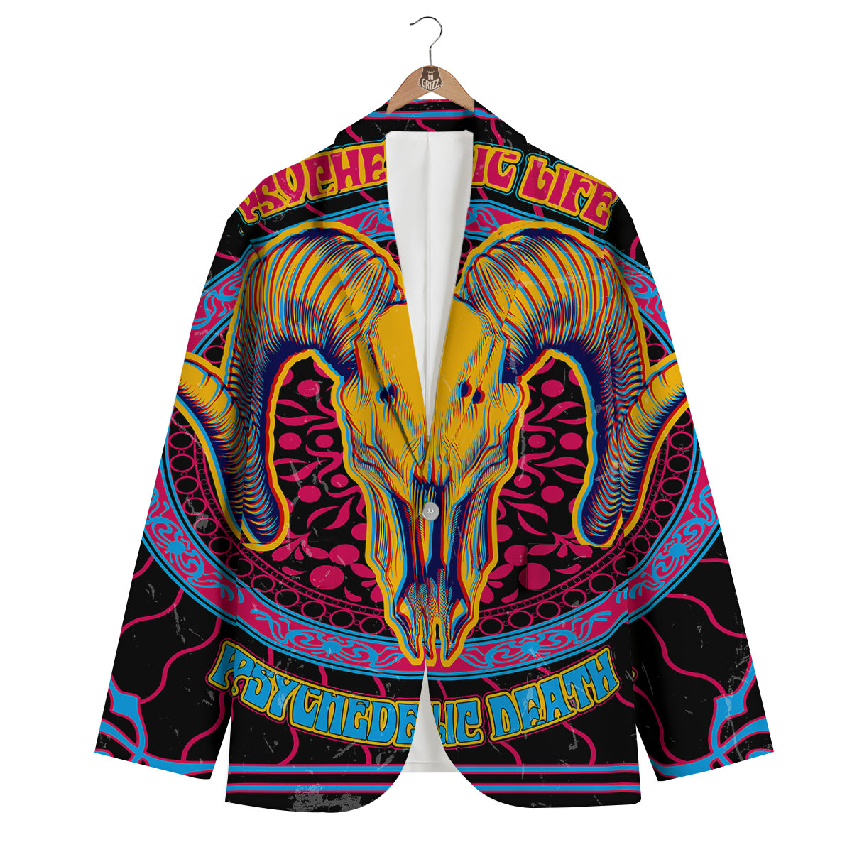 Psychedelic And Ram Skull Print Men's Blazer-grizzshop