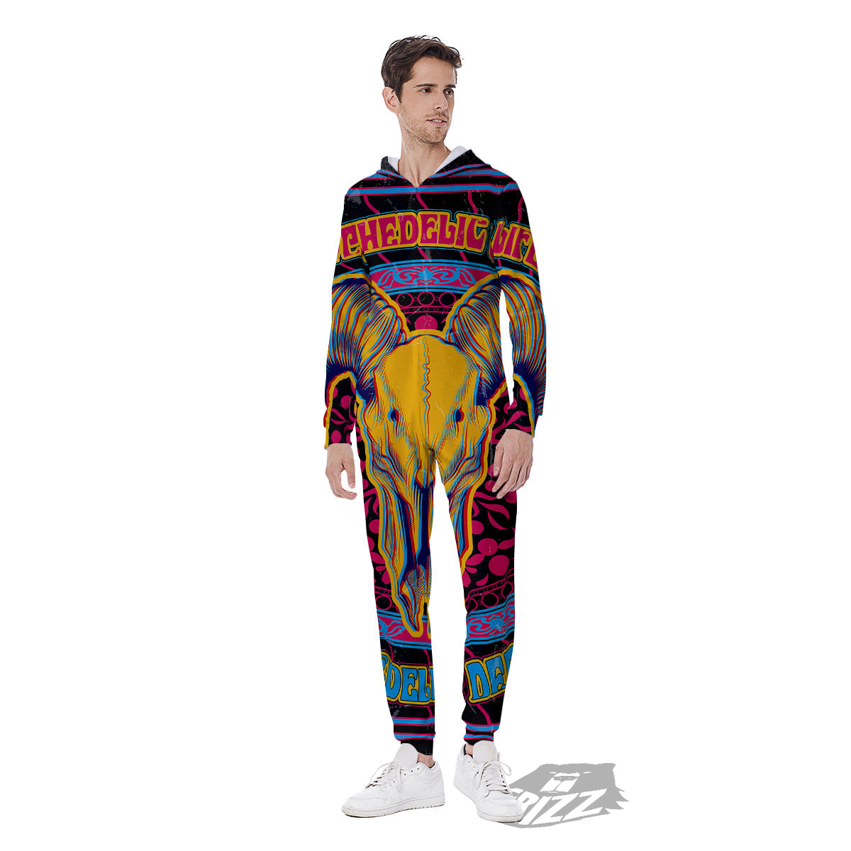 Psychedelic And Ram Skull Print Men's Jumpsuit-grizzshop
