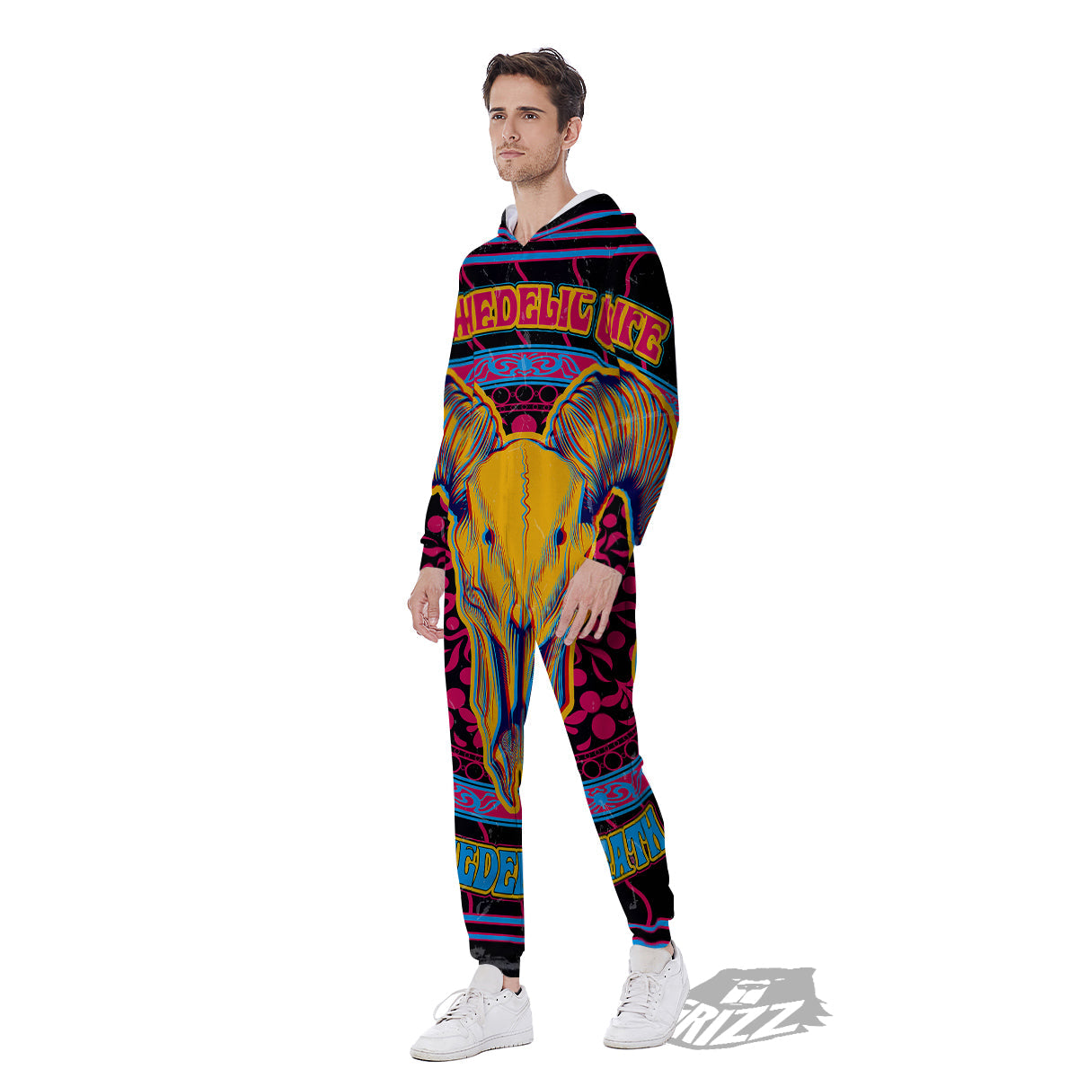 Psychedelic And Ram Skull Print Men's Jumpsuit-grizzshop