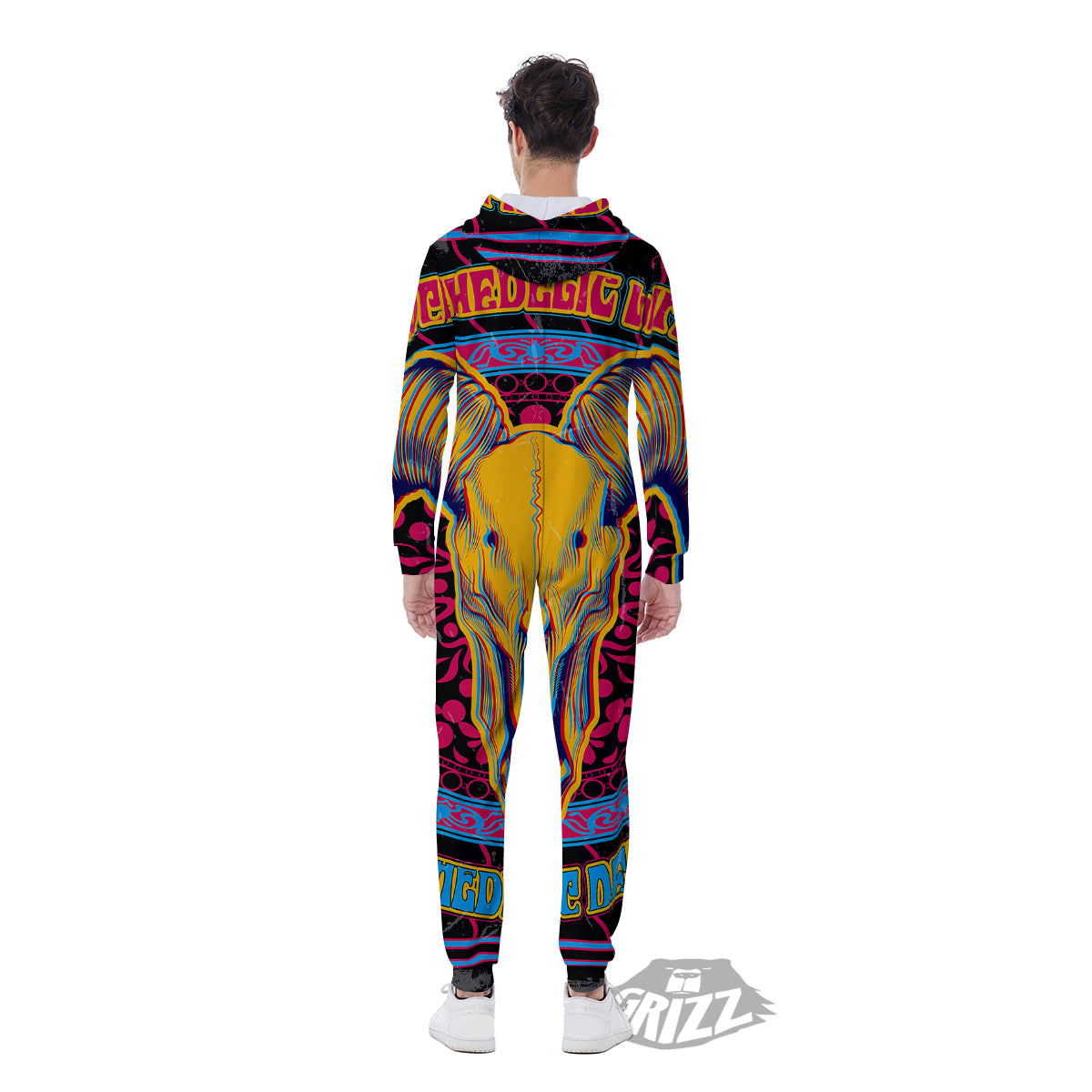 Psychedelic And Ram Skull Print Men's Jumpsuit-grizzshop