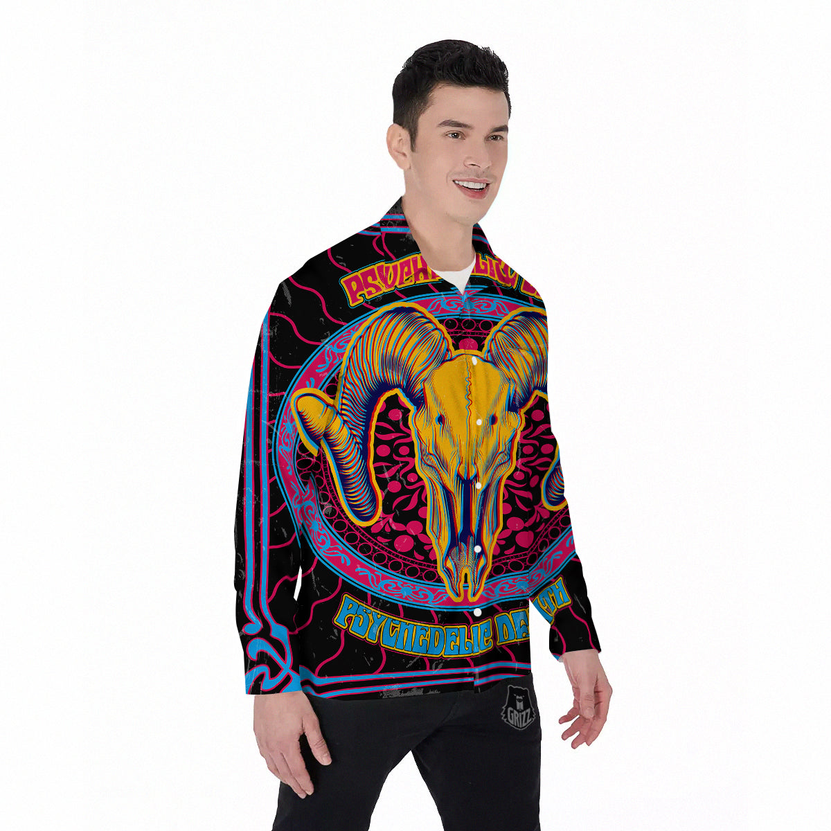 Psychedelic And Ram Skull Print Men's Long Sleeve Shirts-grizzshop