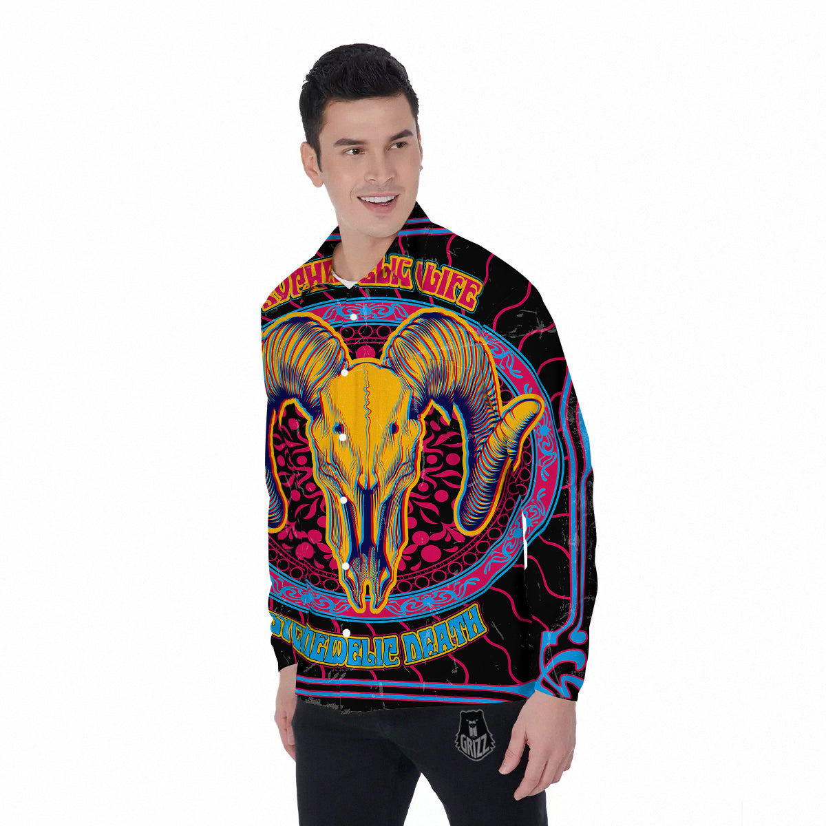 Psychedelic And Ram Skull Print Men's Long Sleeve Shirts-grizzshop
