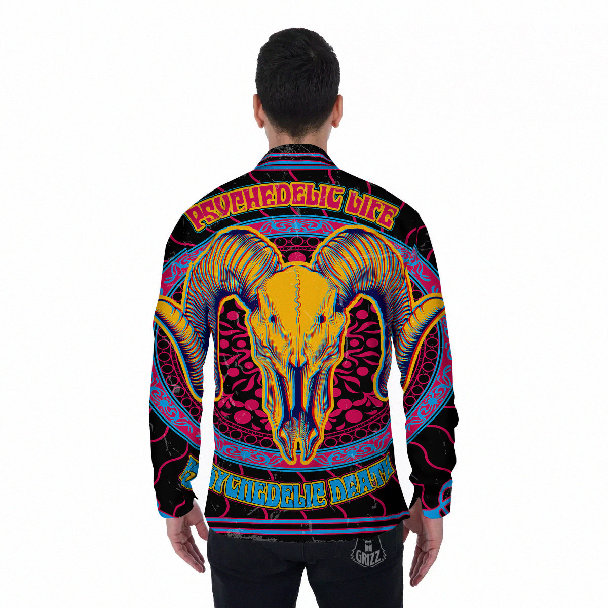 Psychedelic And Ram Skull Print Men's Long Sleeve Shirts-grizzshop