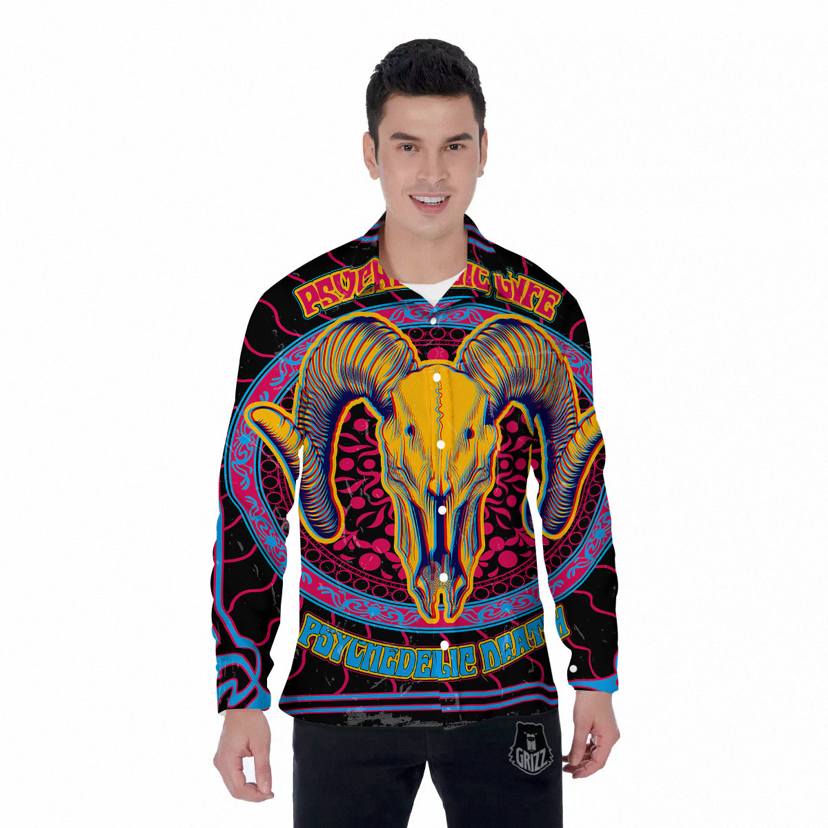 Psychedelic And Ram Skull Print Men's Long Sleeve Shirts-grizzshop