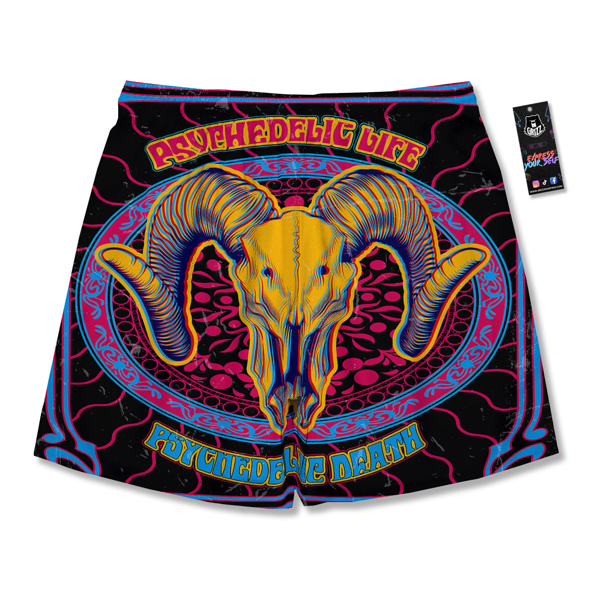 Psychedelic And Ram Skull Print Men's Running Shorts-grizzshop