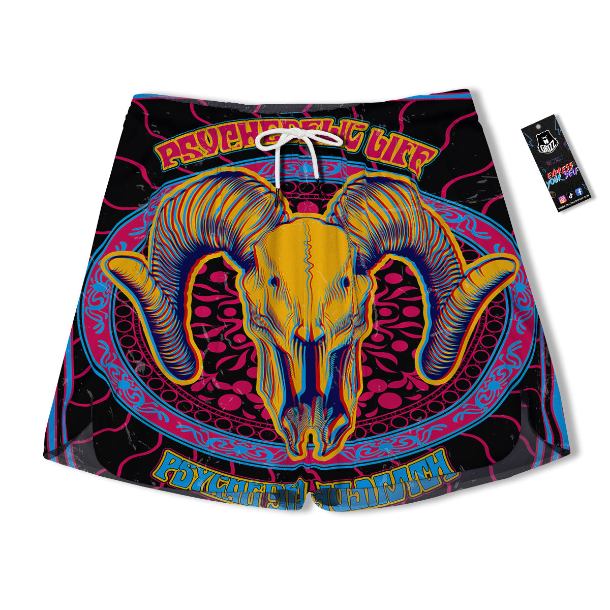 Psychedelic And Ram Skull Print Men's Running Shorts-grizzshop