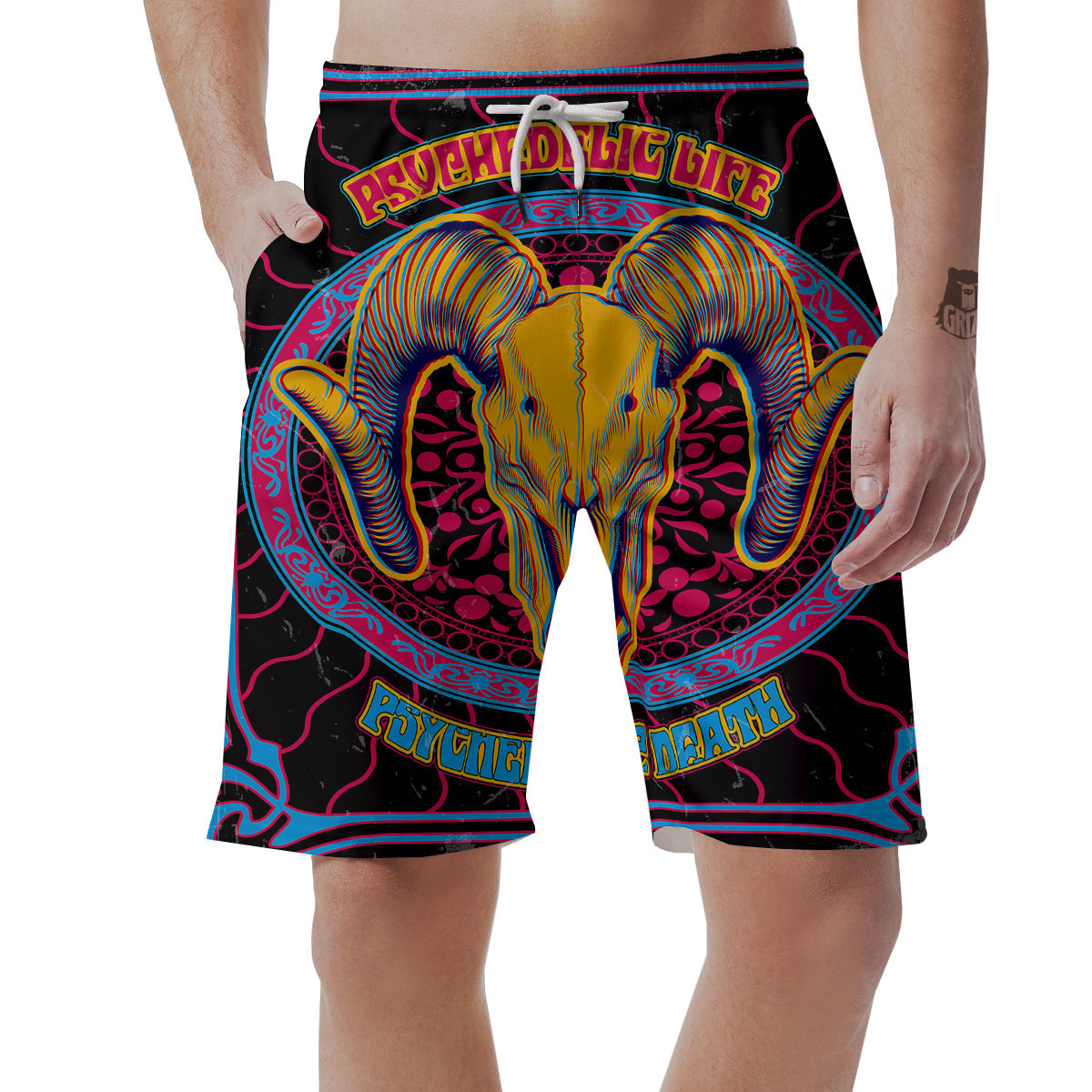 Psychedelic And Ram Skull Print Men's Shorts-grizzshop