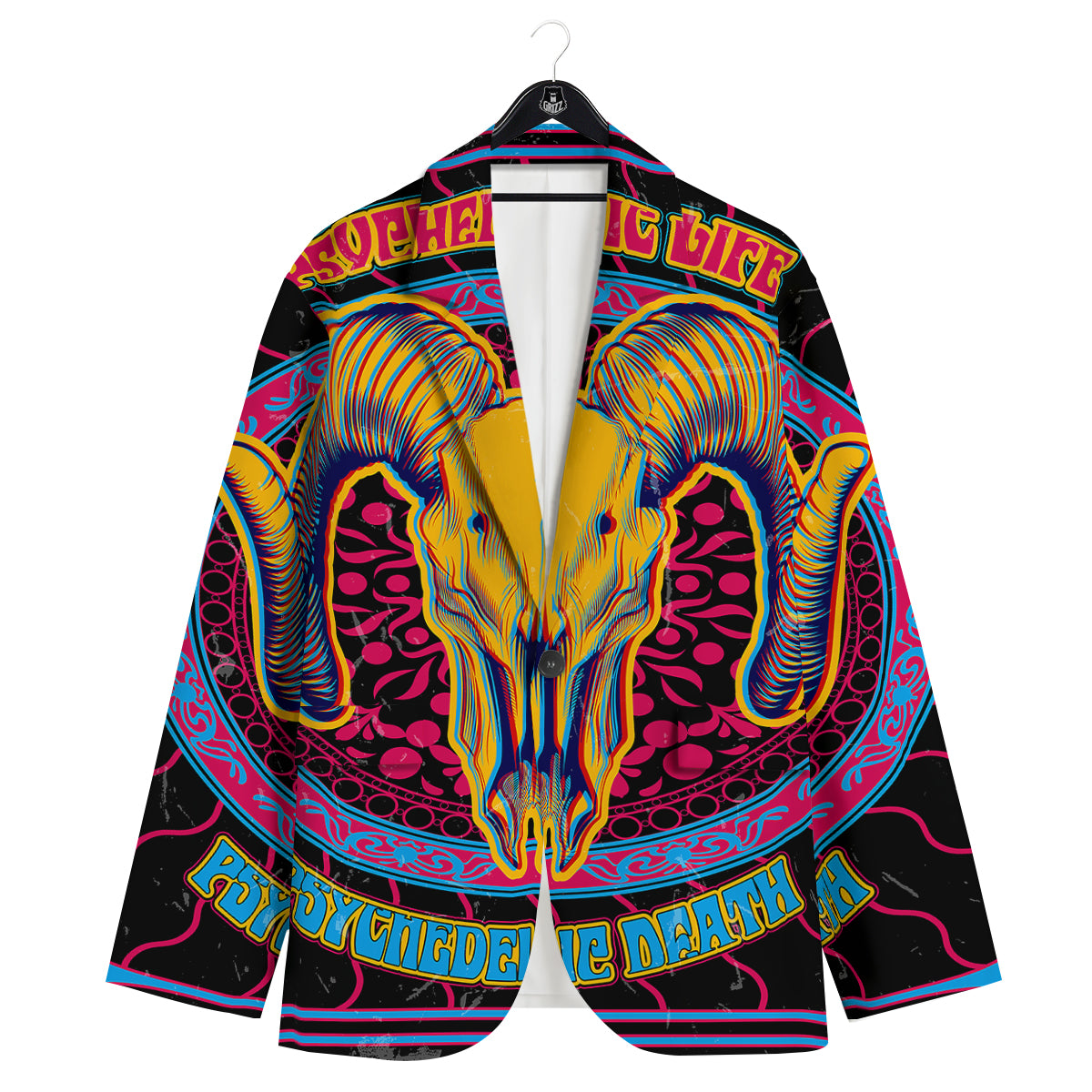 Psychedelic And Ram Skull Print Men's Sport Coat-grizzshop
