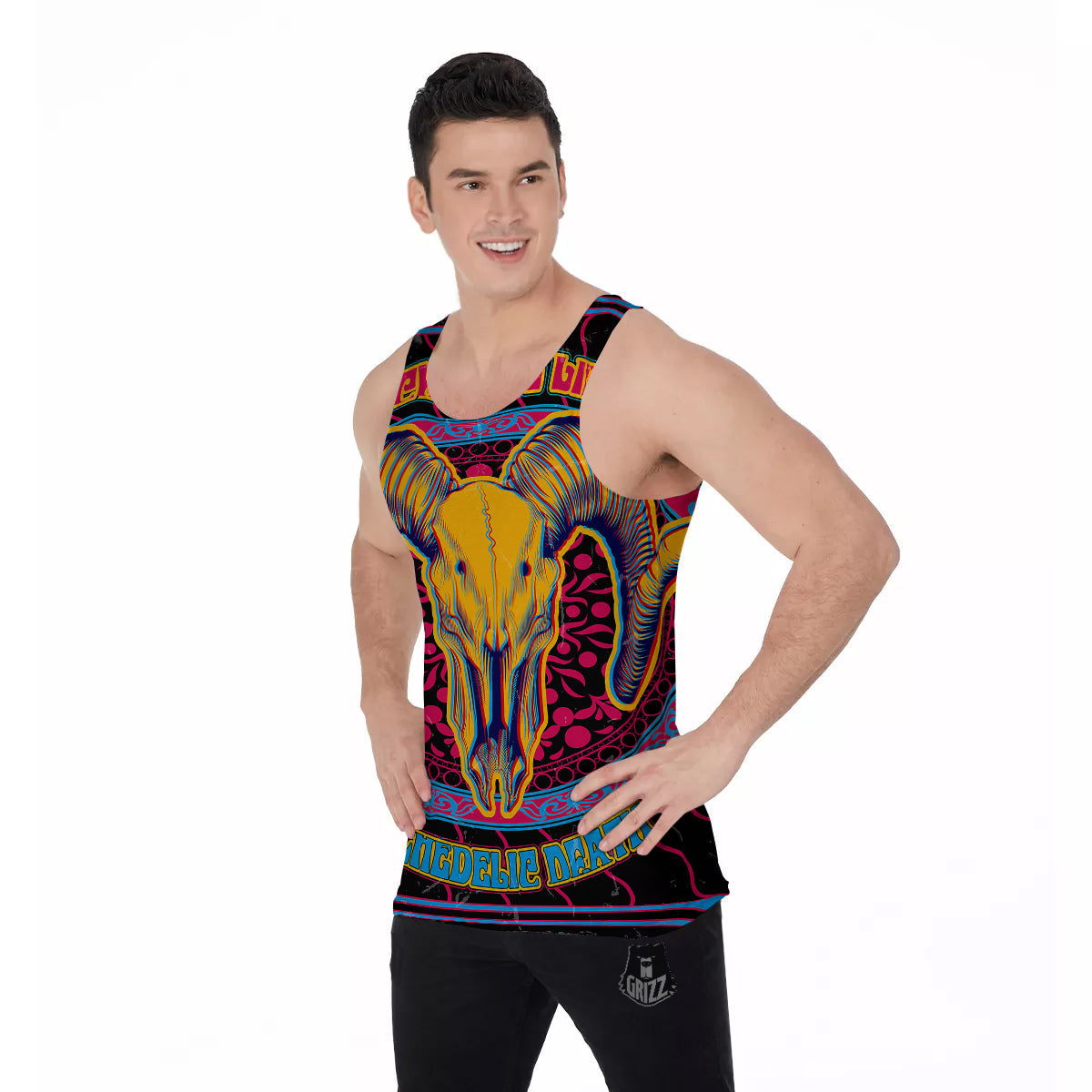 Psychedelic And Ram Skull Print Men's Tank Top-grizzshop