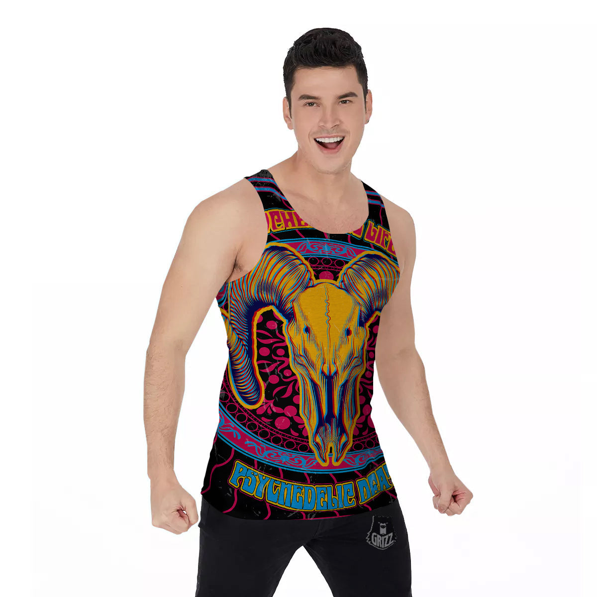 Psychedelic And Ram Skull Print Men's Tank Top-grizzshop