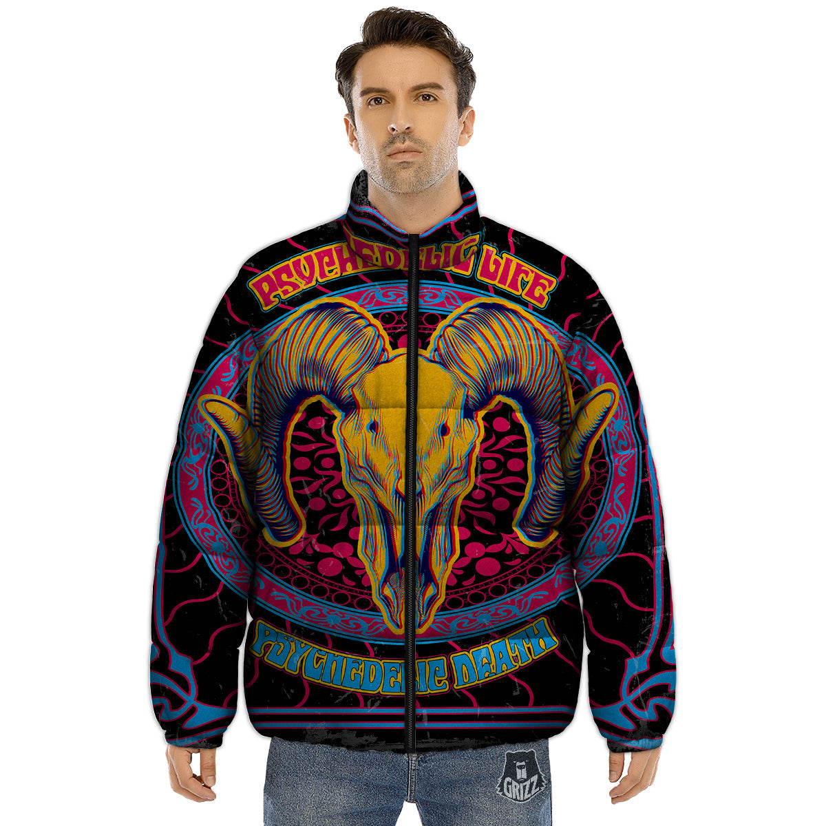 Psychedelic And Ram Skull Print Puffer Jacket-grizzshop