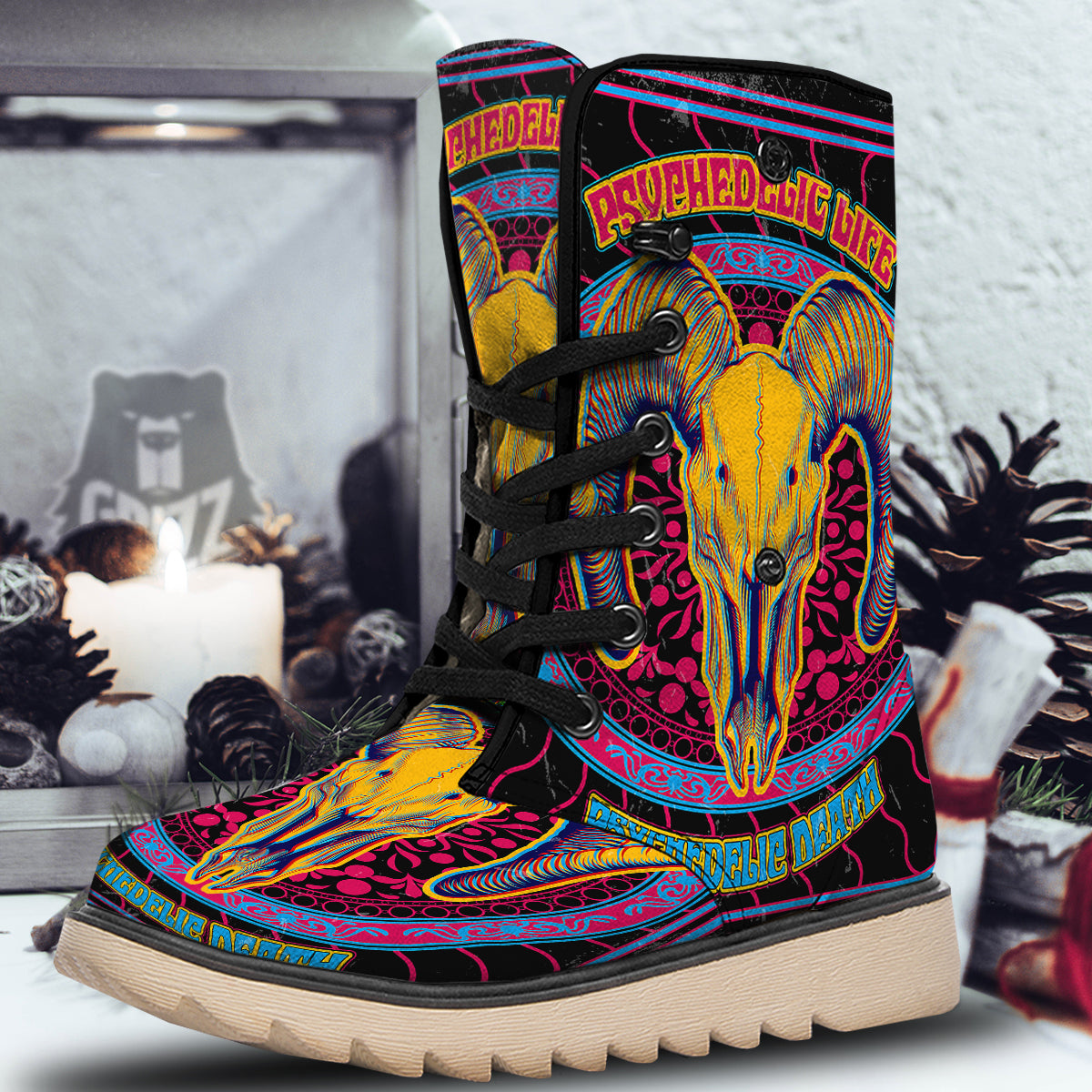 Psychedelic And Ram Skull Print Snow Boots-grizzshop