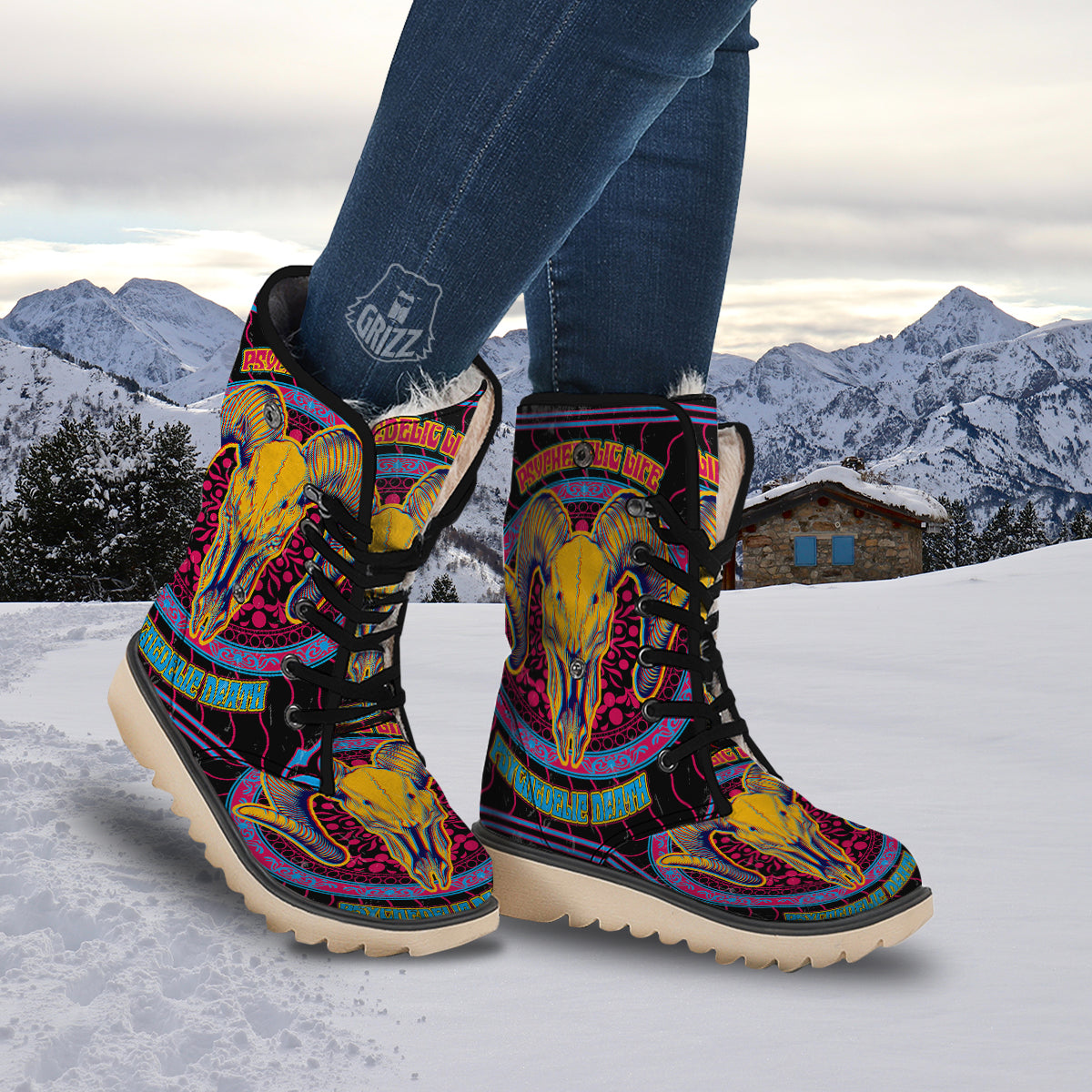 Psychedelic And Ram Skull Print Snow Boots-grizzshop