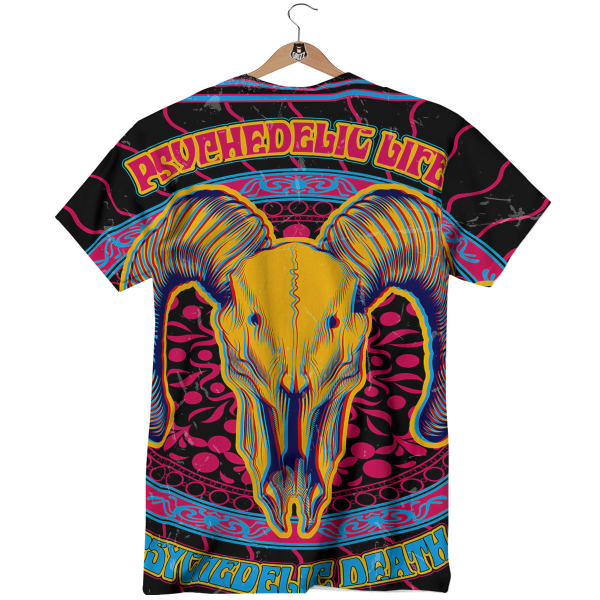 Psychedelic And Ram Skull Print T-Shirt-grizzshop