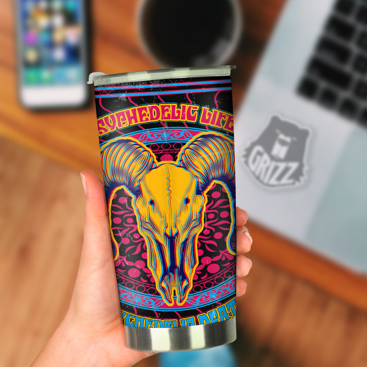 Psychedelic And Ram Skull Print Tumbler-grizzshop