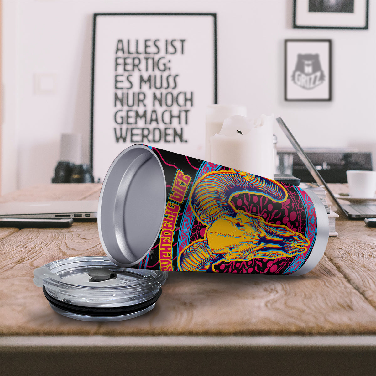 Psychedelic And Ram Skull Print Tumbler-grizzshop