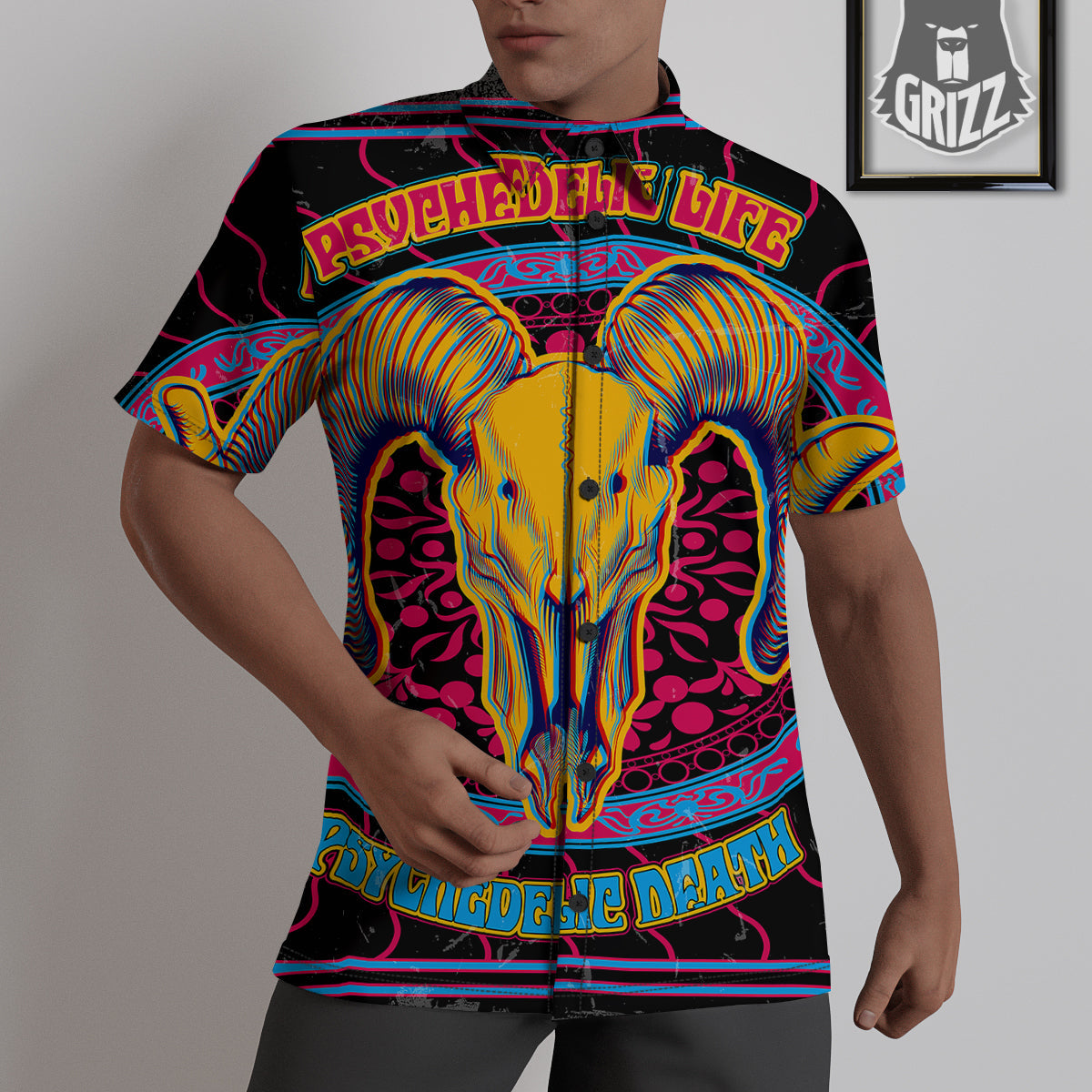 Psychedelic And Ram Skull Print Untucked Shirts-grizzshop