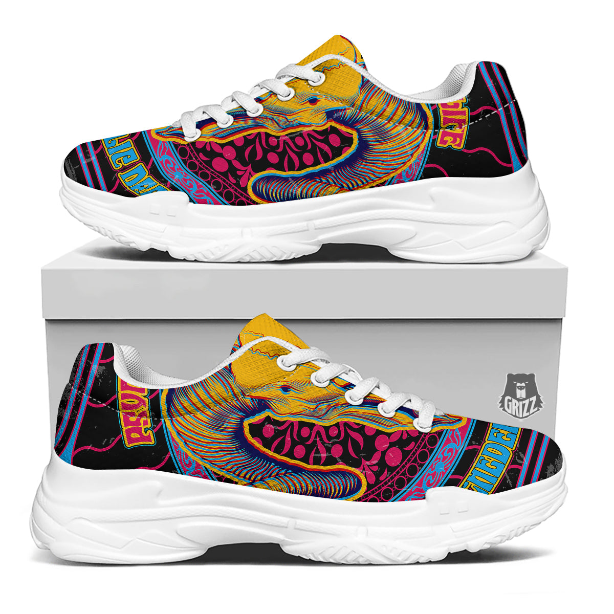 Psychedelic And Ram Skull Print White Chunky Shoes-grizzshop
