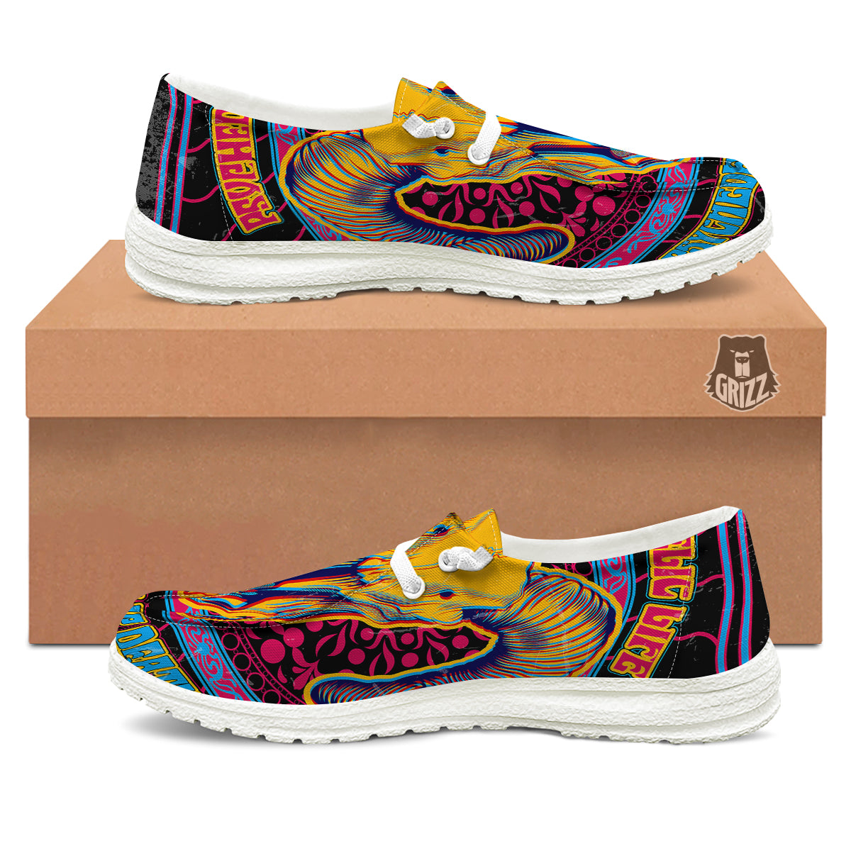 Psychedelic And Ram Skull Print White Loafers-grizzshop