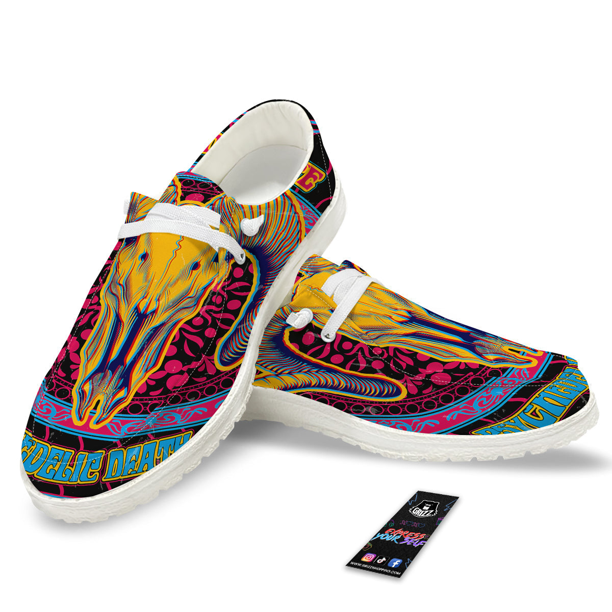 Psychedelic And Ram Skull Print White Loafers-grizzshop