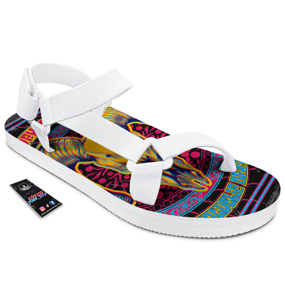 Psychedelic And Ram Skull Print White Open Toe Sandals-grizzshop
