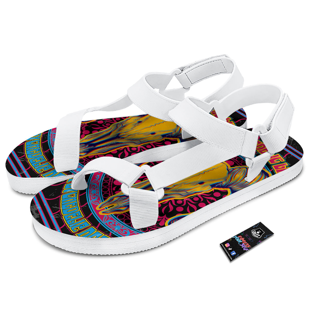 Psychedelic And Ram Skull Print White Open Toe Sandals-grizzshop