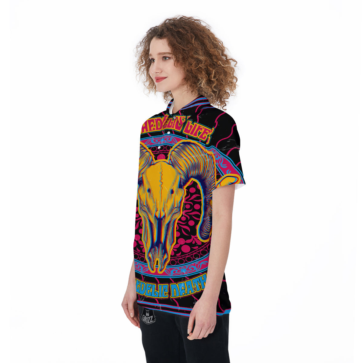 Psychedelic And Ram Skull Print Women's Golf Shirts-grizzshop