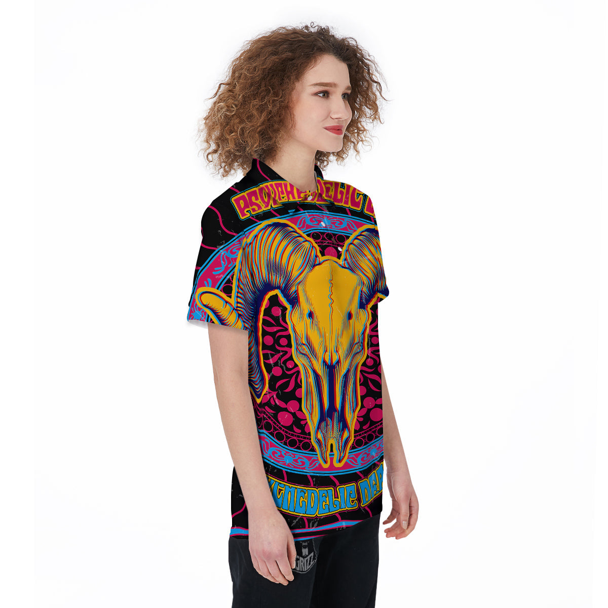 Psychedelic And Ram Skull Print Women's Golf Shirts-grizzshop