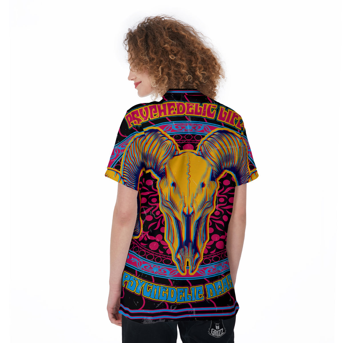 Psychedelic And Ram Skull Print Women's Golf Shirts-grizzshop
