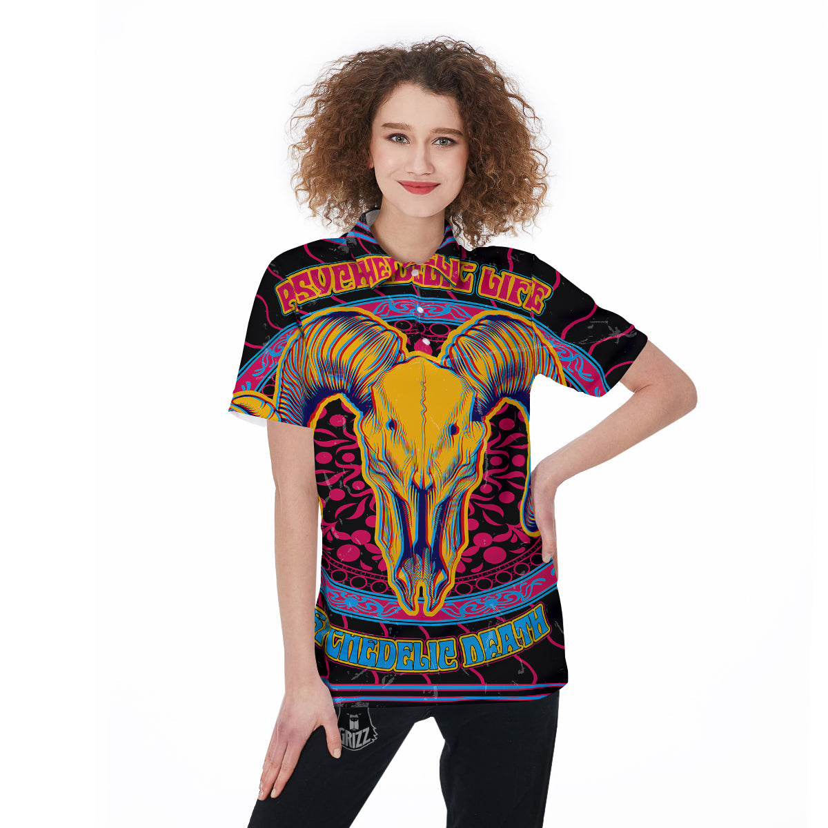 Psychedelic And Ram Skull Print Women's Golf Shirts-grizzshop