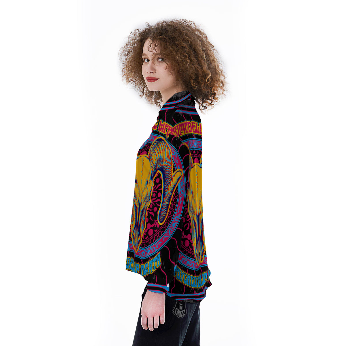 Psychedelic And Ram Skull Print Women's Long Sleeve Shirts-grizzshop