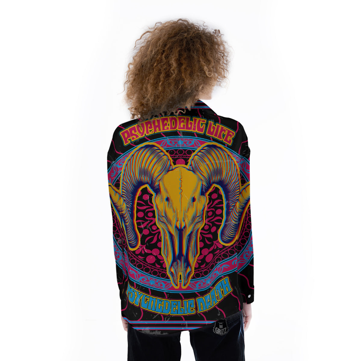 Psychedelic And Ram Skull Print Women's Long Sleeve Shirts-grizzshop