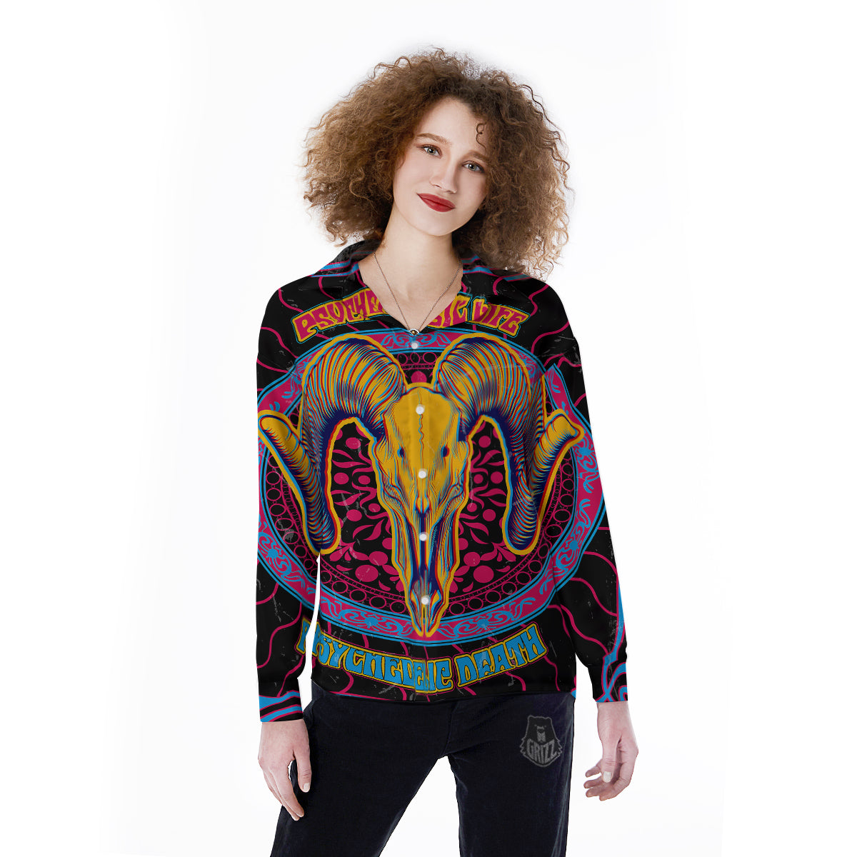 Psychedelic And Ram Skull Print Women's Long Sleeve Shirts-grizzshop